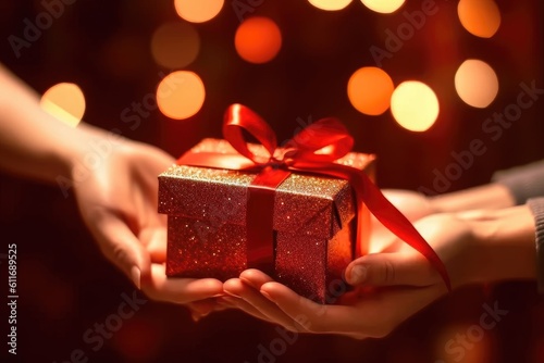 hands holding small gift with ribbon, AI generative