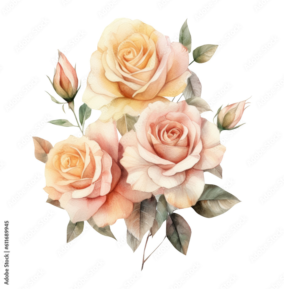 Watercolor roses flowers, summer flower bouquet, Generative AI, png image.