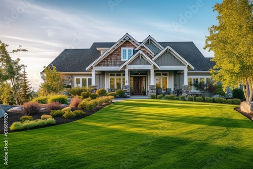 New luxury home with lush backyard, walkway to a ornate porch.