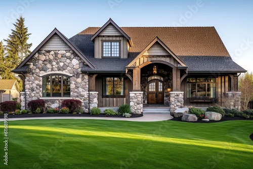 New luxury home with lush backyard, walkway to a ornate porch.