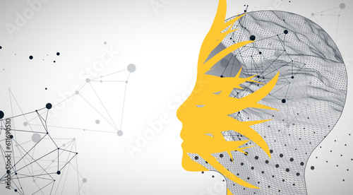 The silhouette of the human head is made with the help of  waves and plexus effect.
