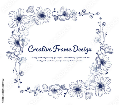 Floral frame  ornamental Vintage with hand drawn spring cherry blossom in sketch style. Spring design for cards  banners  letters  invitations. Place for text.