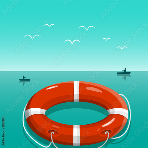 Life buoy - lifebuoy on sea with fishing boats on background - vector