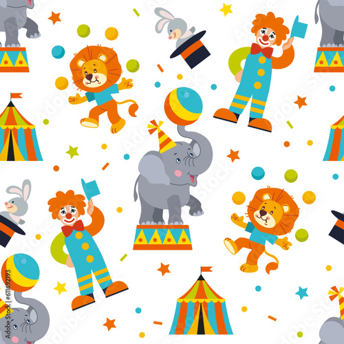 Colorful seamless pattern with cute circus animals, clown, juggling lion, elephant with ball, circus tent, rabbit and magician's top hat in flat style.