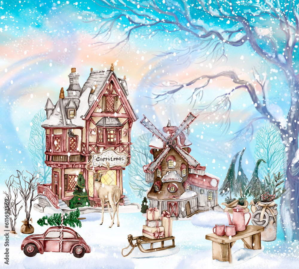 Composition of windmill , cottage in snow . Christmas elements. Watercolor illustration.