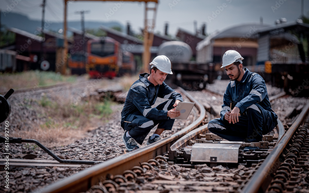 Engineer railway under inspection and checking construction railway switch and maitenence work on railroad station by tablet .Engineer wearing safety uniform and safety helmet in work.