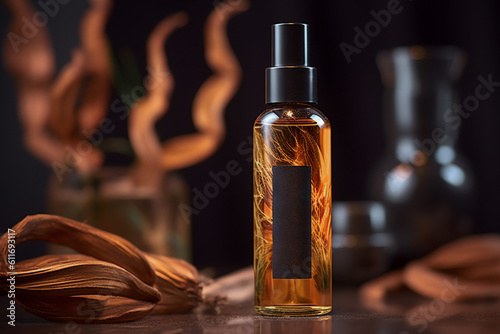One cosmetic dark amber glass bottle with black label on dark table