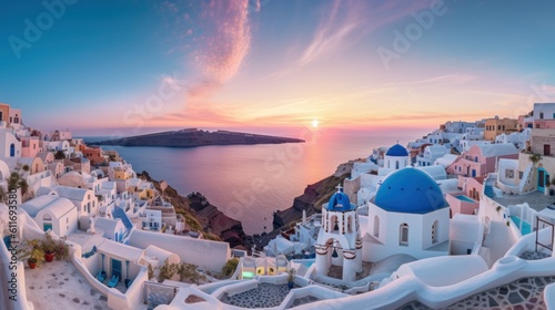 Beautiful blue and white town with a blue church and a blue sea. The sky is pink and orange
