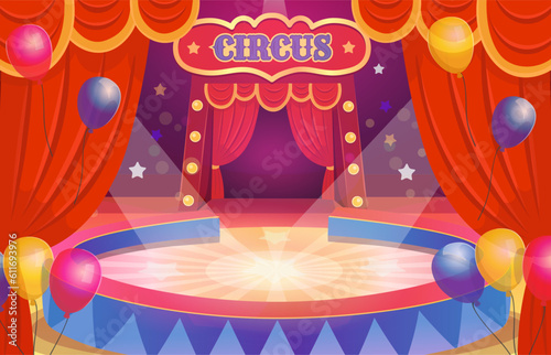 Circus arena with a round stage for the show.  Arena with a curtain. Interior with  balloons.