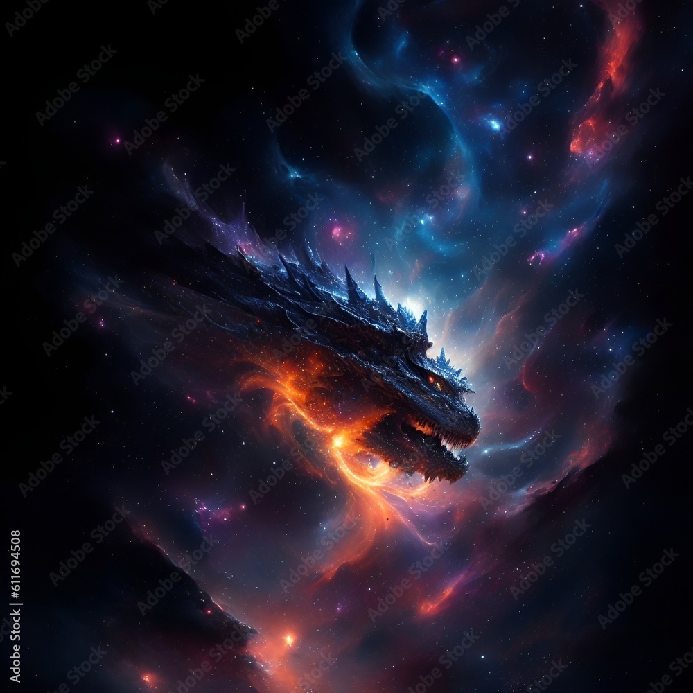 Prepare to be awe-inspired by this breathtaking image from Adobe Stock Photos, where the realms of fantasy and science fiction collide. This AI-generated artwork depicts a magnificent dragon soaring g