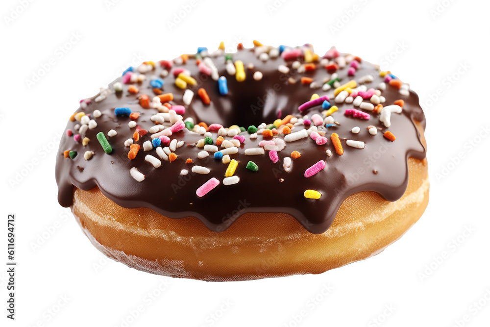 A delicious donut with chocolate icing and colorful sprinkles, isolated (Generative AI, Generativ, KI) A delicious donut with chocolate icing and colorful sprinkles, isolated (Generative AI, Generativ, KI)