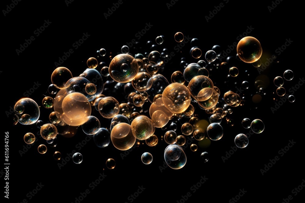 many different sized soap bubbles with a black background (Generative AI, Generativ, KI) many different sized soap bubbles with a black background (Generative AI, Generativ, KI)