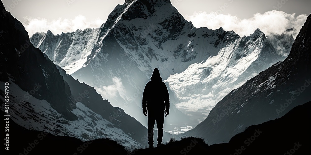 Silhouette man standing on top of Himalayan mountain majestic ...