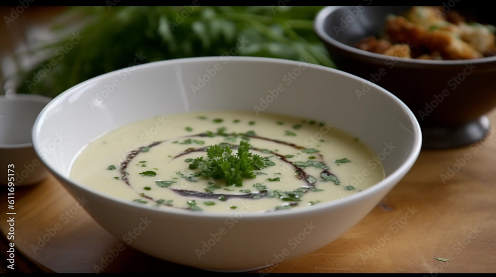 A bowl of creamy soup, garnished with herbs and a drizzle of olive oil A bowl of creamy soup, garnished with herbs and a drizzle of olive oil