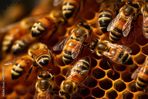 Bees in a honeycomb close-up, AI Generated