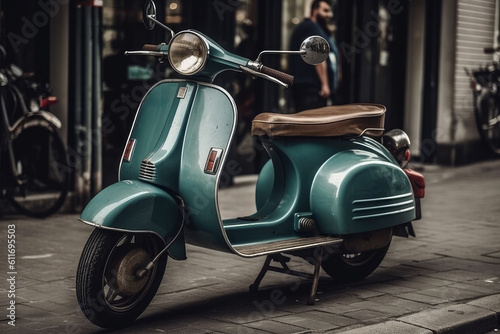Vintage retro motor scooter parked on a city street, AI Generated © staras