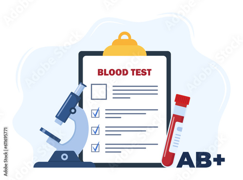 Analysis to determine the blood group. Medical blood test concept. Patient blood in test tubes, microscope, exam checklist. Vector illustration.