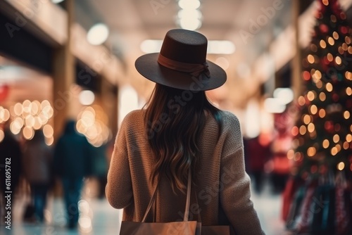 A woman walking around the mall before Christmas with her shopping bag. Generative AI