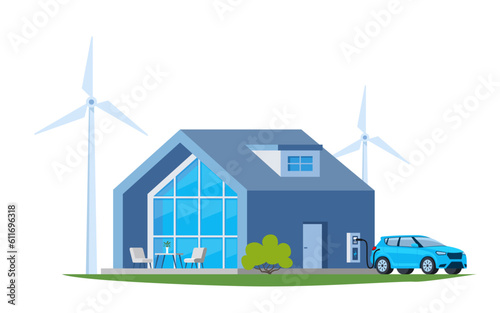 Green energy and eco friendly modern house. Solar, wind power. Electric car parking charging at family home charger station. Wind turbines at background. Vector illustration.