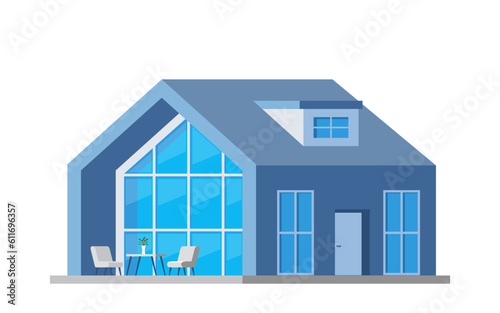 Beautiful modern house exterior, front view, minimalistic architecture design. Luxury villa exterior, country cottage, family home, real estate. Smart house concept. Flat style, vector illustration.