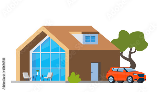 Beautiful modern house with car. Luxury villa exterior, country cottage, family home, real estate and SUV car. Smart house concept. Vector illustration.