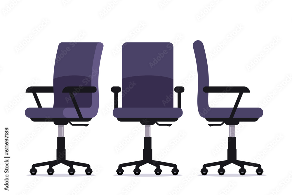 Office chair in various points of view. Furniture for office Interior in flat style. Vector illustration. Office chair in various points of view. Furniture for office Interior in flat style. Vector illustration.