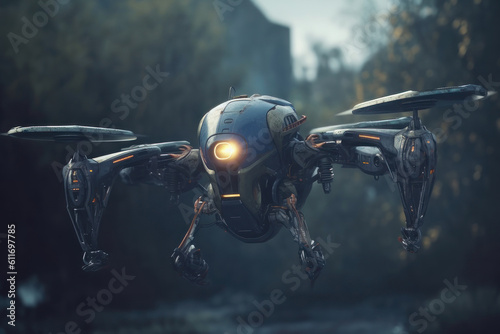 Flying robot. Futuristic concept, future. AI generative. © Iaroslav