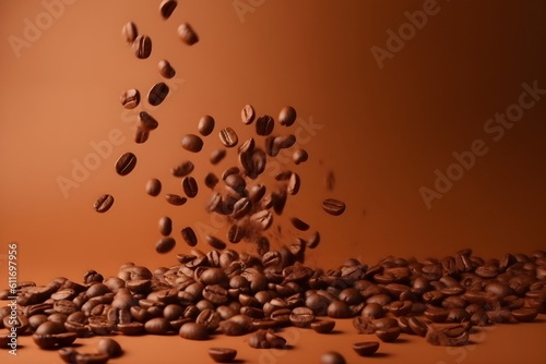 Flying falling coffee beans on brown background