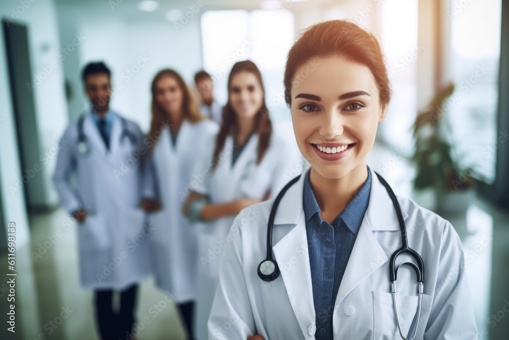 Crowd of doctors and nurses behind him, photo of female doctor in foreground. Generative AI Crowd of doctors and nurses behind him, photo of female doctor in foreground. Generative AI