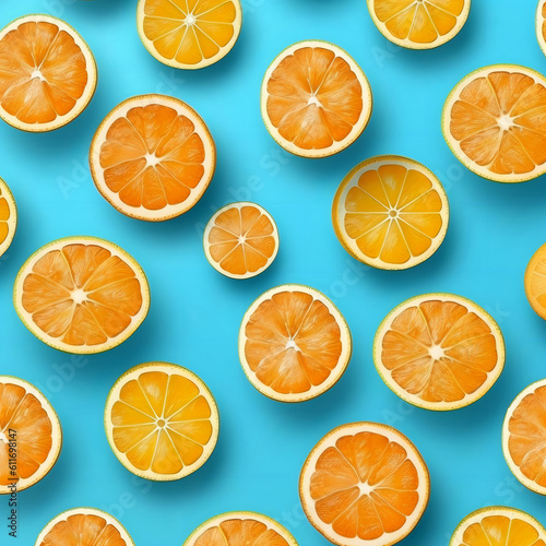 Flat lay pattern with summer citrus fruit on blue background. Minimal concept with sharp shadows. 