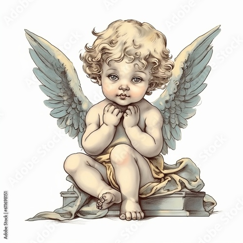 Fotografiet Guardian angel on the cloud, little angel with wings, wing baby