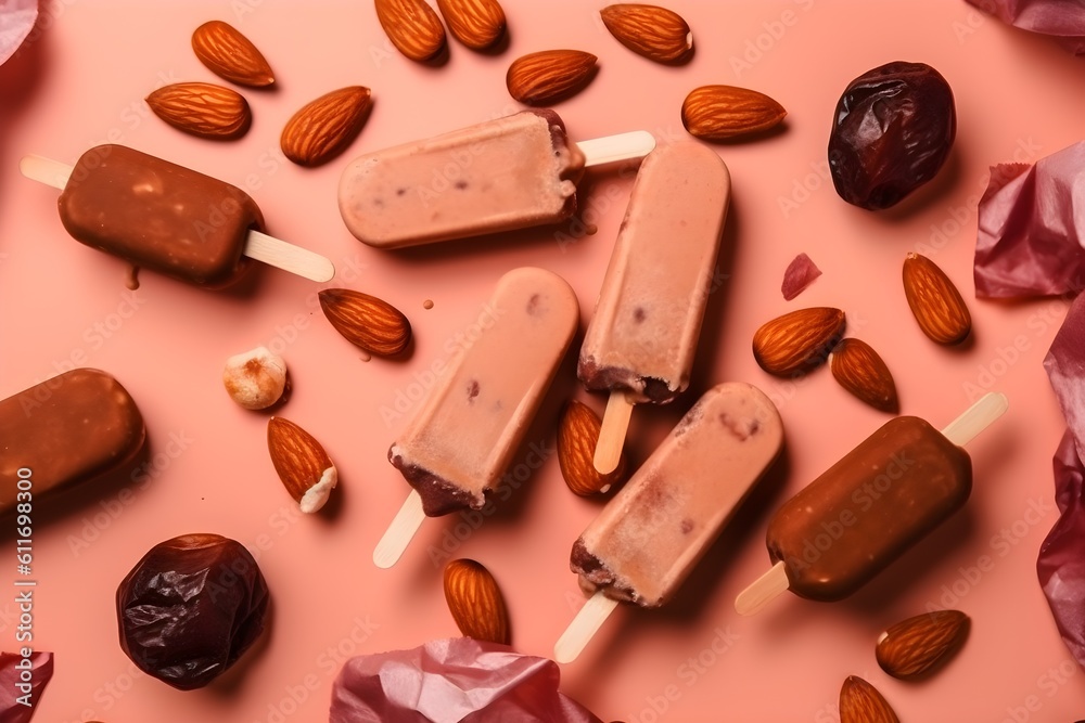 Chocolate ice cream popsicles with almond nuts spread on pink background. Generative AI Chocolate ice cream popsicles with almond nuts spread on pink background. Generative AI