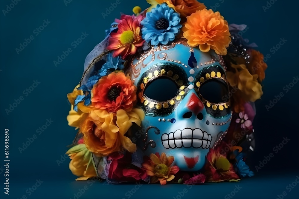 Day of the Dead sugar skull mask with flowers on blue background