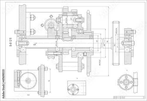 Vector engineering cad drawing of a mechanical part (steel shaft) with through holes and bolted connections. Computer aided design of machine parts.