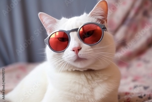 White cat in sunglasses. 