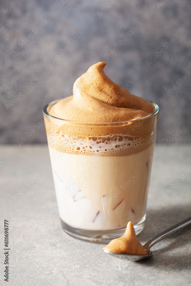 dalgona coffee in glass. trendy Instant coffee whipped with sugar and hot water