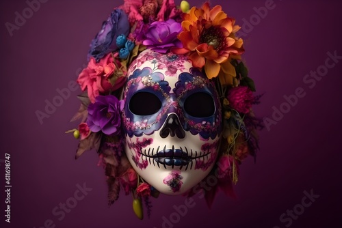 Day of the Dead sugar skull mask with flowers on purple background