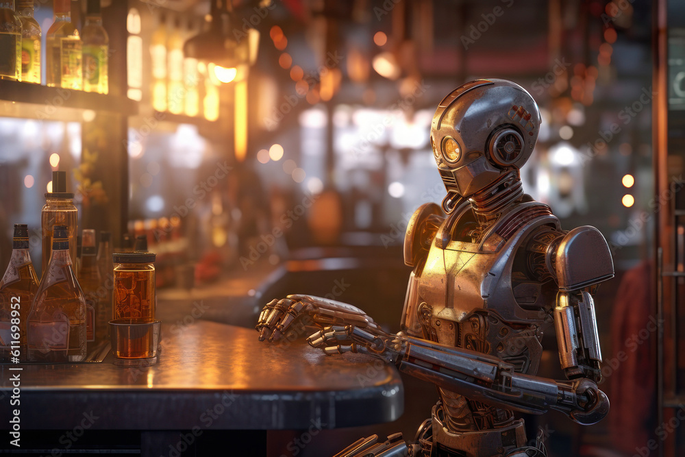 Robot at the bar. AI generative.