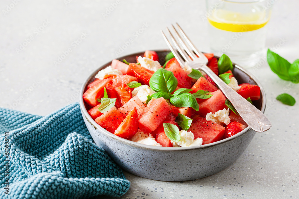 watermelon salad with strawberry mozzarella cheese basil. healthy summer dessert watermelon salad with strawberry mozzarella cheese basil. healthy summer dessert
