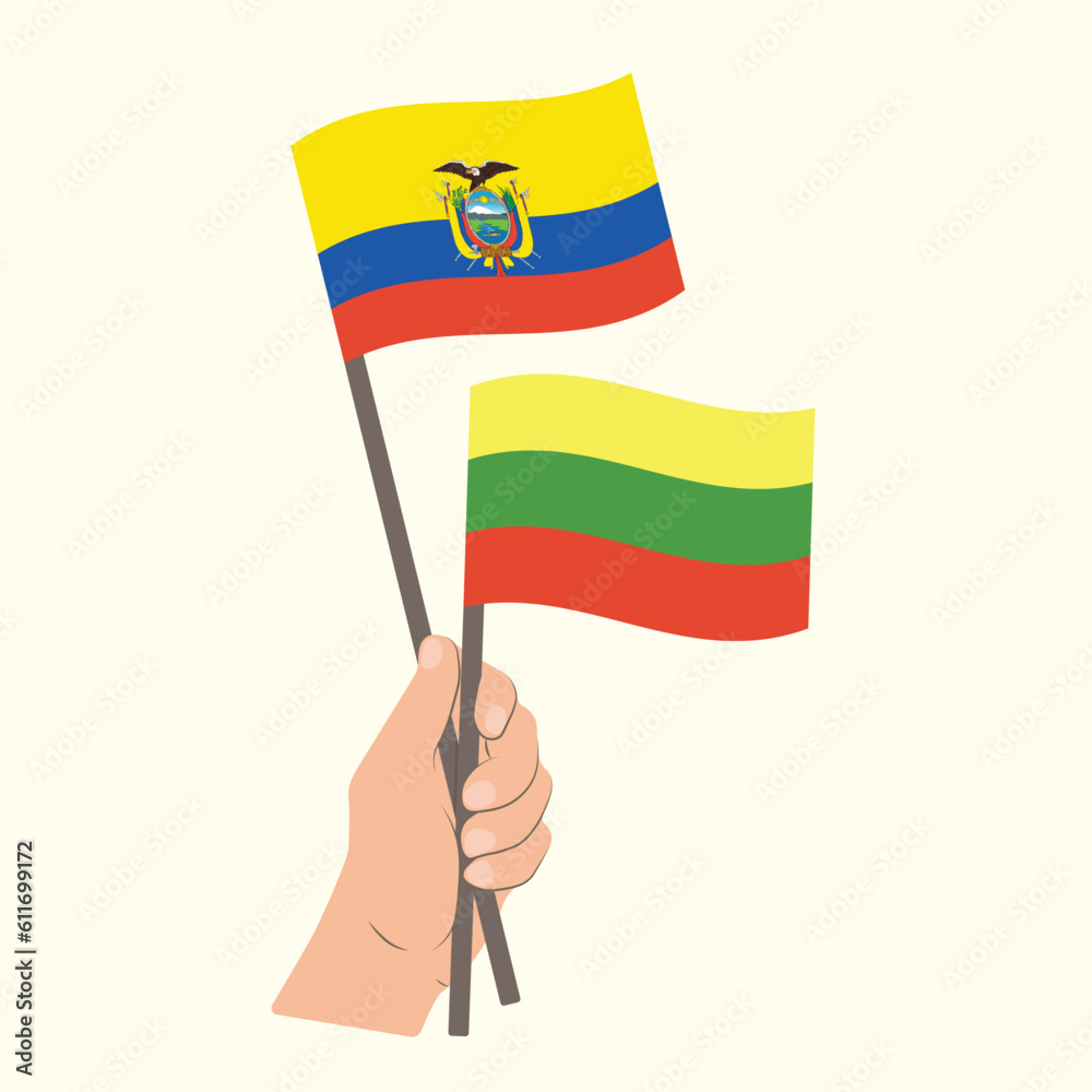 Flags of Ecuador and Lithuania, Hand Holding flags Flags of Ecuador and Lithuania, Hand Holding flags