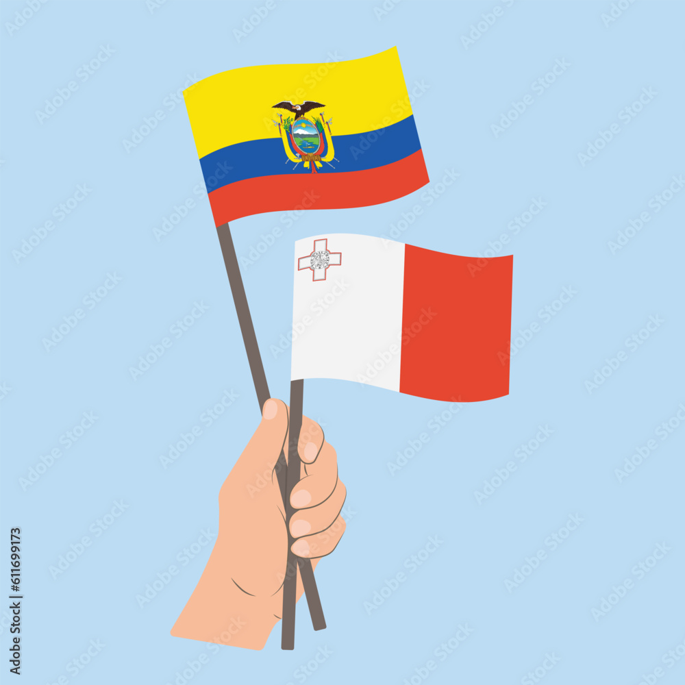Flags of Ecuador and Malta, Hand Holding flags Flags of Ecuador and Malta, Hand Holding flags