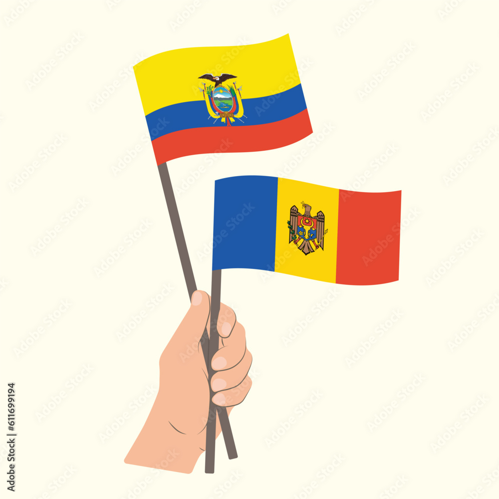 Flags of Ecuador and Moldova, Hand Holding flags Flags of Ecuador and Moldova, Hand Holding flags