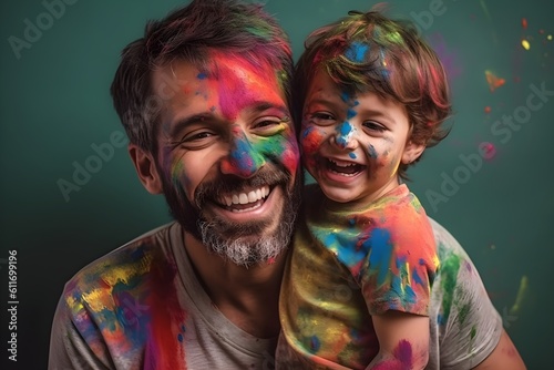 Father and son playing with paint