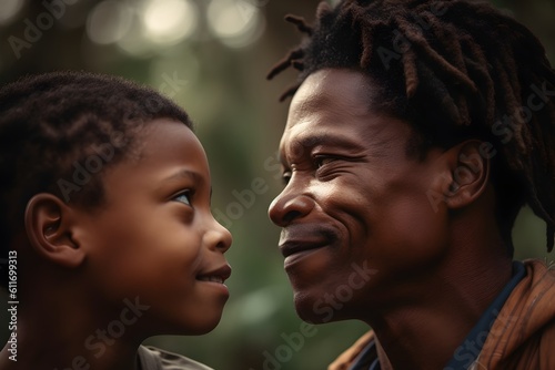 Happy African american father and son looking at each other in the park
