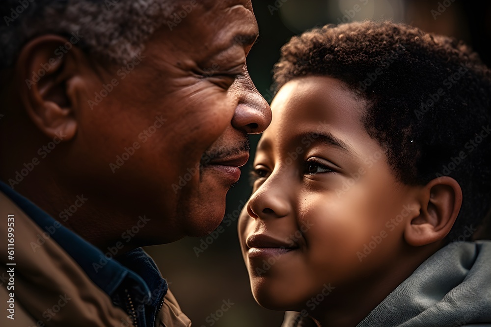 Happy African american father and son looking at each other in the park Happy African american father and son looking at each other in the park