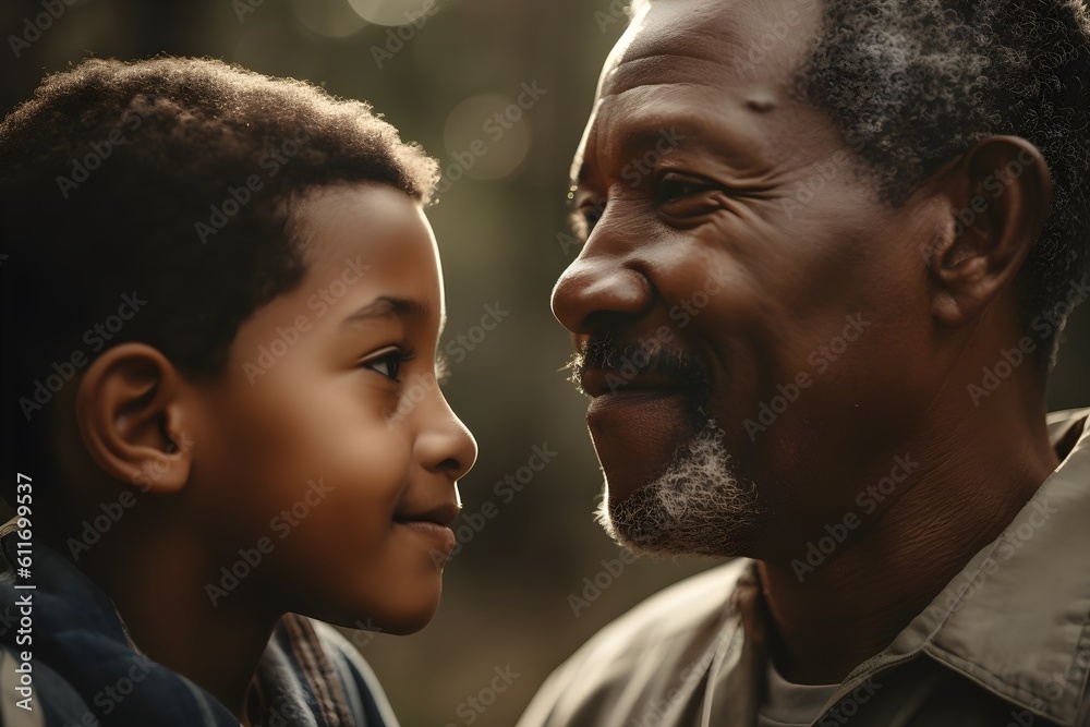 Happy African american father and son looking at each other in the park