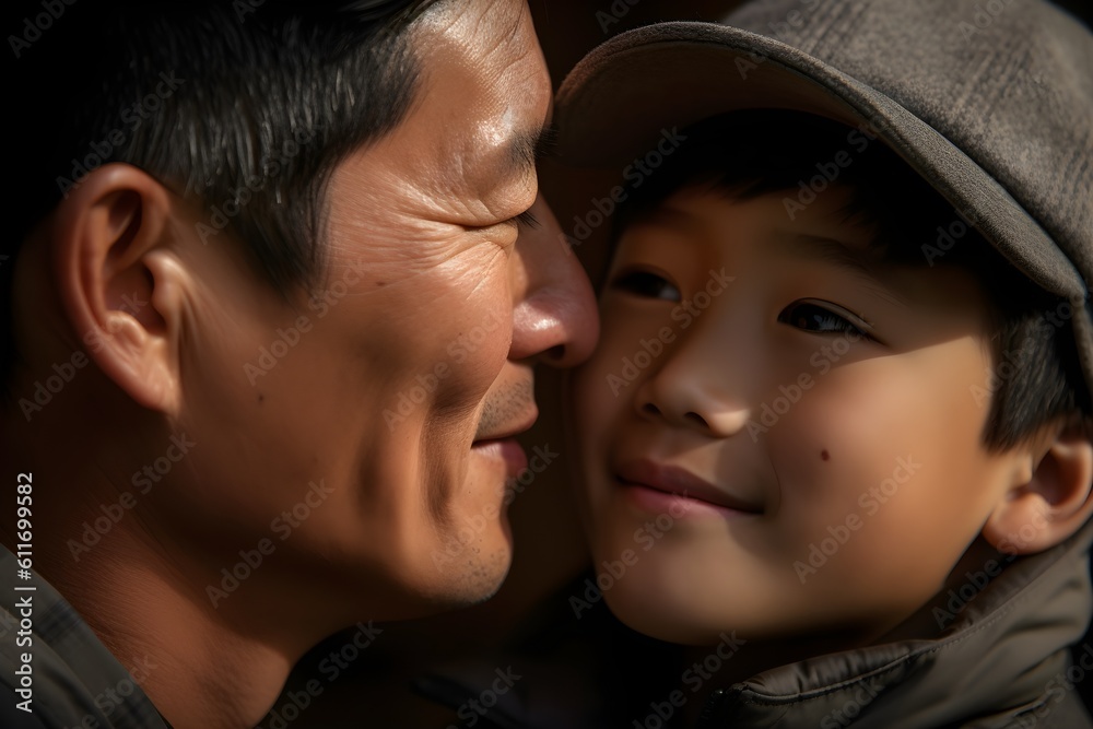 Obraz premium Happy Asian father and son looking at each other in the park