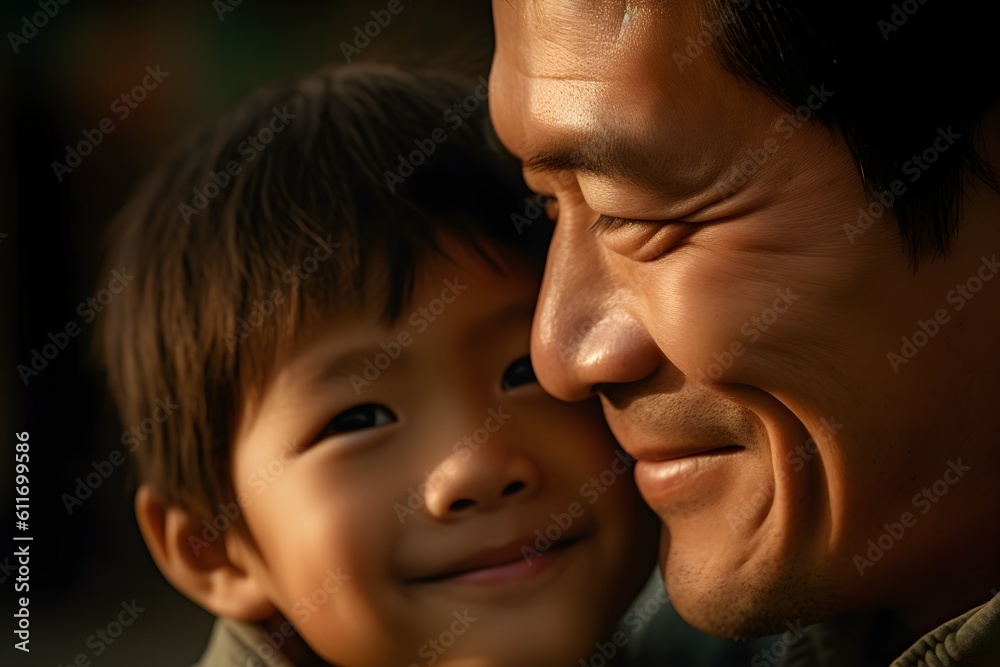 Happy Asian father and son looking at each other in the park Happy Asian father and son looking at each other in the park