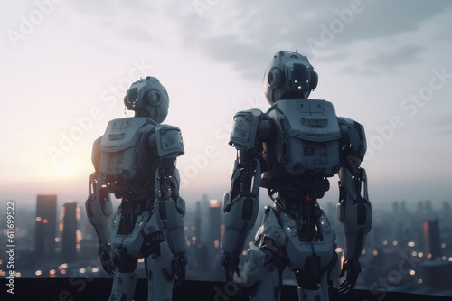 Two robots stand and look at the city. AI generative.