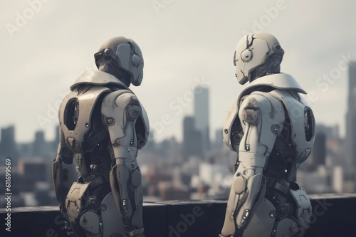 Two robots stand in the background of the city. AI generative.